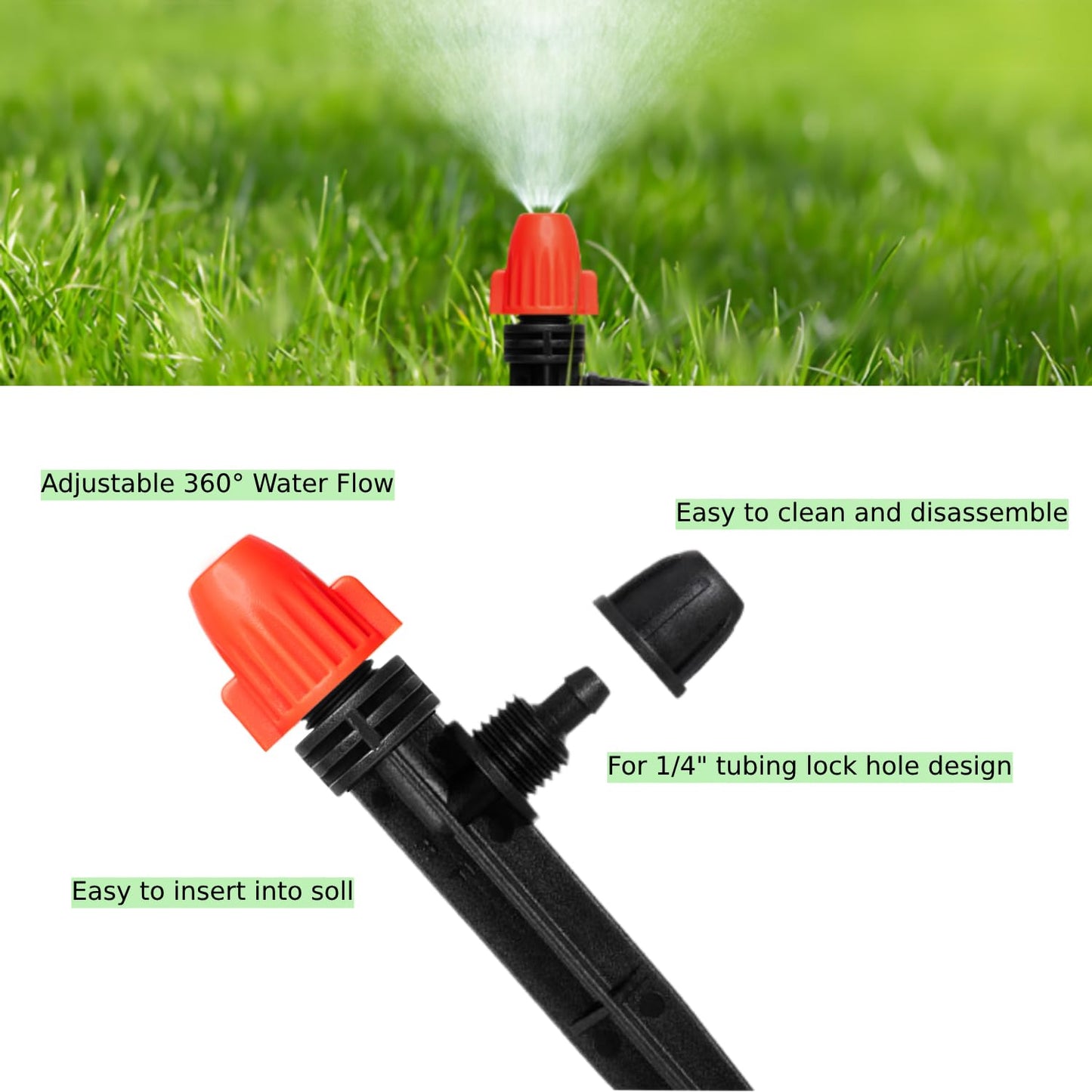 Drip Irrigation Emitters for 1/4" Tubing: Adjustable 360 Degree Drip Spray Emitters with Lock Barbed - Misting Drippers with Stake for Garden Watering System(30pcs)