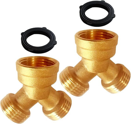 2PCS Garden Hose Splitter Brass 3/4" GHT Thread Heavy Duty 2 Way Y Connector with Washers Garden Hose Adapter for Backyard Water Tap, Outlet, & Spigot