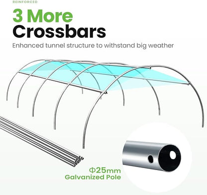 KING BIRD Premium 15x6.6x6.6FT Greenhouse for Outdoors, Large Walk-in Upgraded Galvanized Metal Frame, Mesh Door Screen Window Improved Zipper Tunnel Hoop for Garden Plant Winter, Green