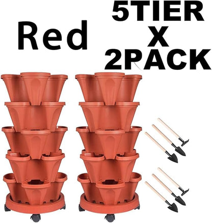 Vertical Planter 5 Tier Stackable Planters Garden Planters Strawberry Herb Flower and Vegetable Planter Indoor Outdoor Gardening Pots with Removable Wheels and Tools 2-Pack