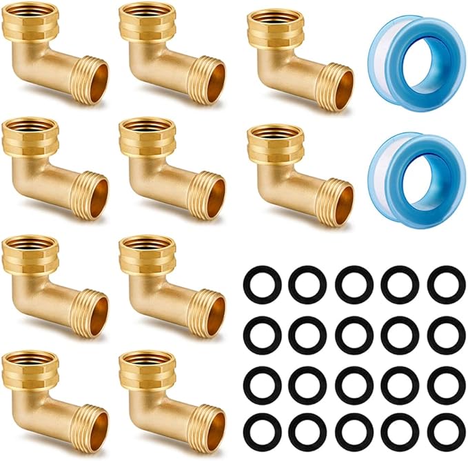 Garden Hose Elbow Connector 90 Degree Solid Brass Pipe Fittings Hose Elbow -Eliminates Stress and Strain On RV Water Intake Hose Adapter 3/4" FHT x 3/4" MHT (10 SETS)