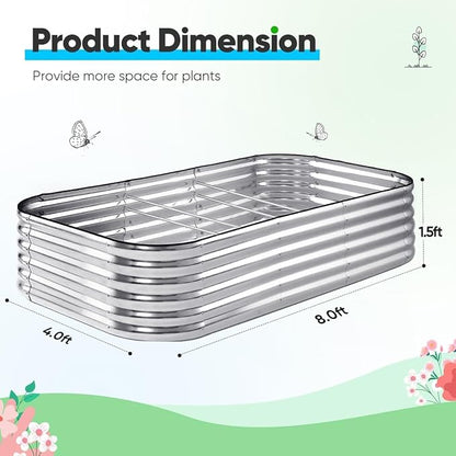 Quictent Raised Garden Bed Kit Oval Galvanized Metal Planter Box Tall for Vegetables Outdoor Backyard, Rubber Strip Edging Included, Silver 8x4x1.5 ft