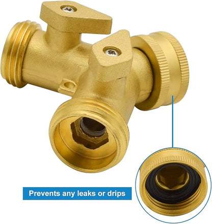 HYDRO MASTER Heavy Duty Brass 2 Way Y Splitter Garden Hose with Comfortable Grip Shut Off Valves, Adapter for Water Tap, Outlet, & Spigot, Includes Extra Rubber Washers