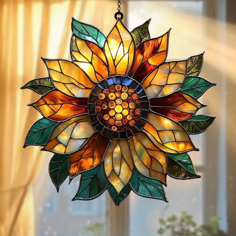 Golden Sunflower Acrylic Suncatcher Stained Glass Effect Window Car Hanging Christmas Ornament Indoor Outdoor Decor Garden Sun Catcher Panel for Sunflower Lover for Women Mom Grandma