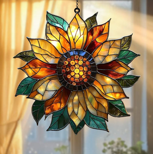 Golden Sunflower Acrylic Suncatcher Stained Glass Effect Window Car Hanging Christmas Ornament Indoor Outdoor Decor Garden Sun Catcher Panel for Sunflower Lover for Women Mom Grandma