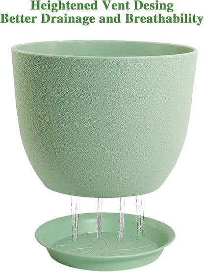 12inch Large Plant Pot, Modern Plastic Planter with High Driange Holes and Saucer for Indoor Outdoor Garden Plants and Flowers, Green