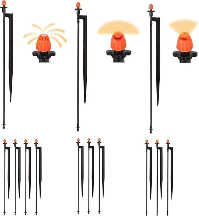 Drip Irrigation Spray Emitters with Stakes: 10 Sets Mixed 360/180/90 Degrees Drip Irrigation Sprayers for 1/4 inch Tubing Garden Irrigation System