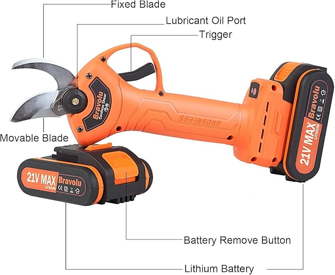 Electric Pruning Shears, Bravolu 21V Professional Power Secateurs Battery Powered, 2 x 2Ah Batteries, Cordless Pruning Shears Equipped With a Brushless Motor - 30mm [1.2 Inch] Cutting Diameter