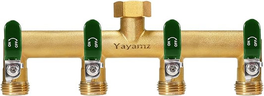 Garden Hose Splitter, 3/4” Rust and Freeze Resistant Outdoor Hose Manifold with 4 green Extra Long Handles Faucet Adapter-Heavy Duty Brass 4-Way Valve