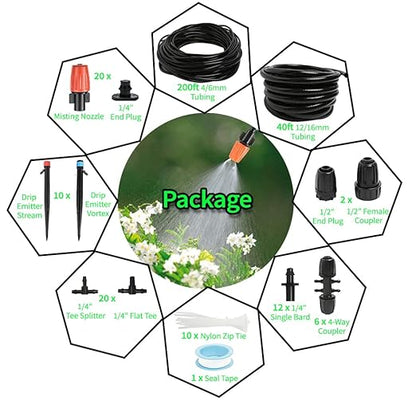 240FT Drip Irrigation Kit, Adjustable Plant Mister, Automatic Irrigation System, Mefape Sprinkler System, Garden Watering System for Greenhouse Yard Lawn, 1/2” 1/4” Drip Tubing
