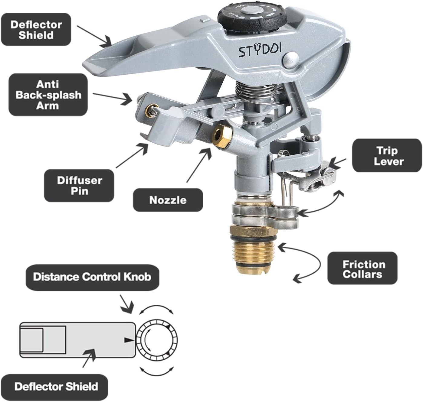 STYDDI Metal Impact Sprinkler Head, Zinc-Alloy Pulsating Water Sprinkler Head with 1/2" NPT Thread, Metal Adjustable Circle Pattern Impulse Sprinkler Head for Lawn, Yard, Garden, 20' - 43' Spray Radiu