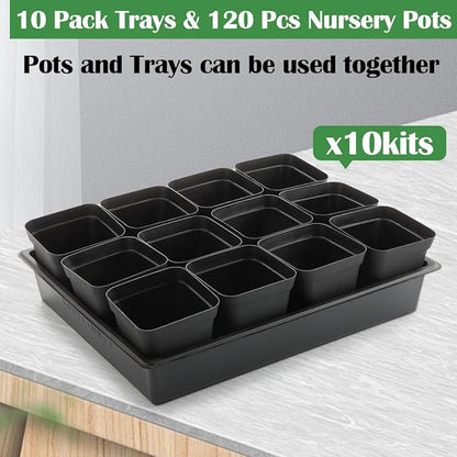 4 inch (10CM) Square Nursery Pots 120pcs, Sturdy Seedlings Trays 10 Pcs, Seeds Starter Germination Tray, Microgreening Planter Nursery Propagation 10 Sets