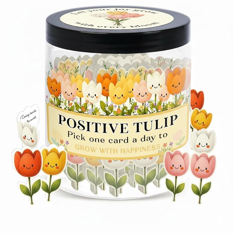 Positive Tulip Jar With 60 Affirmation Cards – Inspirational Gifts And Teacher Desk Decor, Tulips Flowers Themed Gifts For Women, Stress Relief And Daily Positivity, Staff Appreciation Gifts