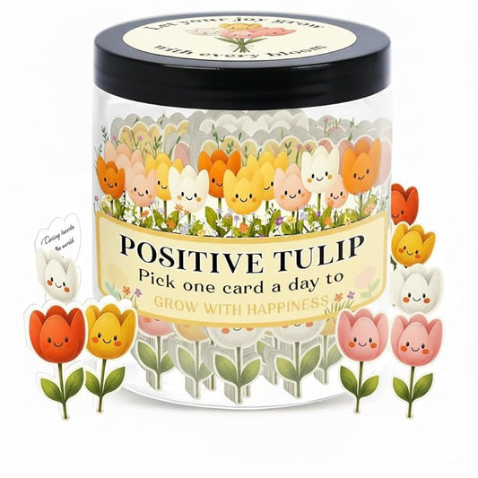 Positive Tulip Jar With 60 Affirmation Cards – Inspirational Gifts And Teacher Desk Decor, Tulips Flowers Themed Gifts For Women, Stress Relief And Daily Positivity, Staff Appreciation Gifts