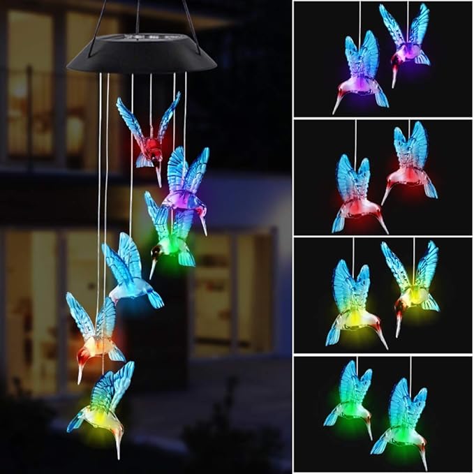 MorTime LED Solar Hummingbird Wind Chime, 25" Outdoor Hanging Wind Chime for Patio Lawn Garden Decorations, Automatic Light Changing Color (Blue Hummingbird)