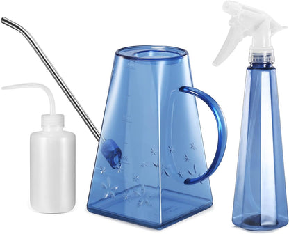 Goowin Watering Can Indoor Plants, Long Spout 47 oz Small Watering Can for Indoor with Bonus 16 oz Spray Bottle & 8.5 oz Squeeze Bottle, Blue