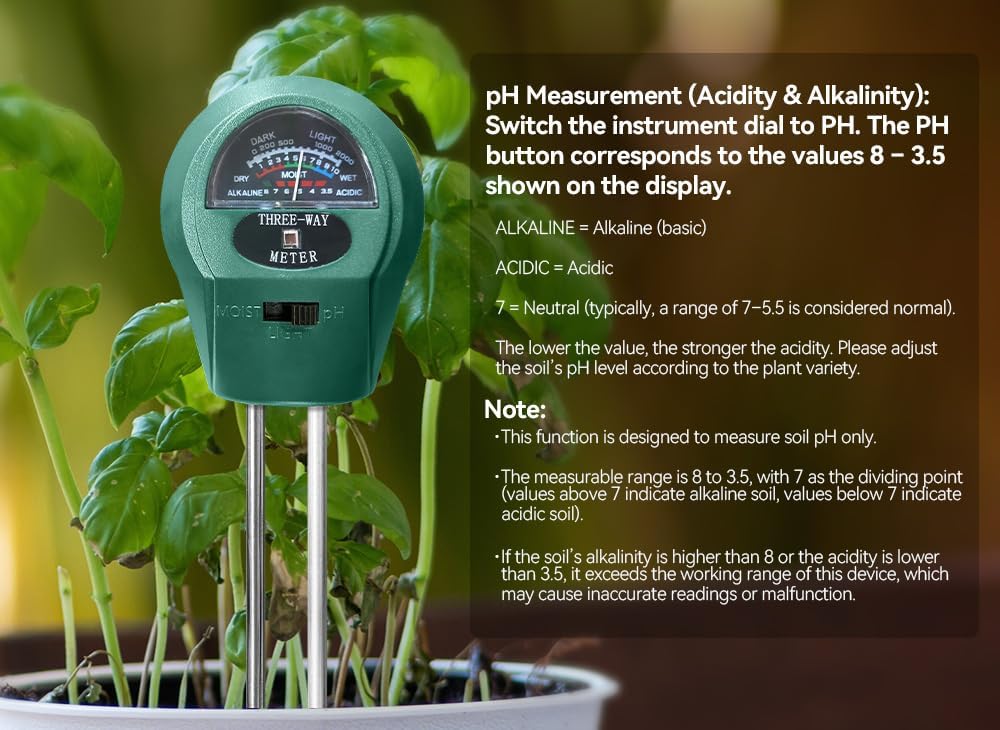 3-in-1 Soil pH Meter - Moisture, Light, and pH Tester for Garden, Lawn, Farm, Indoor & Outdoor Plant Care, Green
