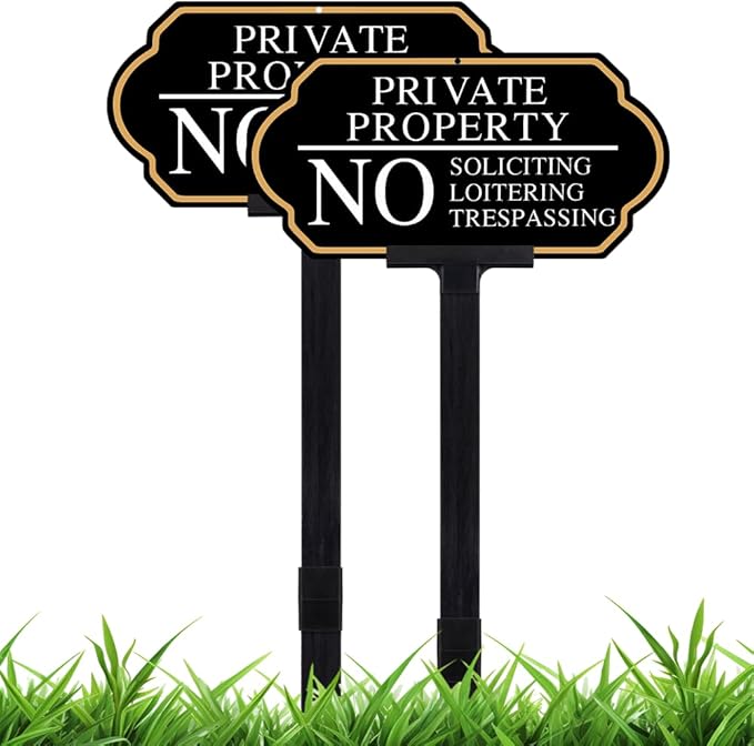 Large Private Property No Soliciting Yard Sign - Elegant Black with UV Protection, 14x7 Inch/35 inch Height, Durable Aluminum with Fiberglass Stake, Weatherproof, Easy-Install for Lawns and Gardens (2-Pack)