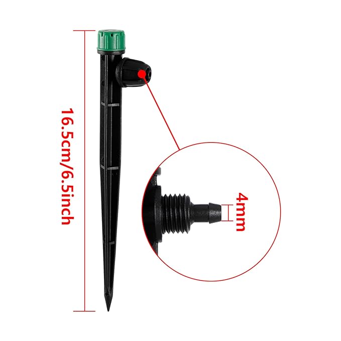 50pcs Drip Irrigation Emitters for 1/4" Drip Irrigation Tubing Adjustable 360 Degree Water Flow Drippers on 6.5" Sturdy Stake with Lock Barbed Irrigation Drippers for Watering System