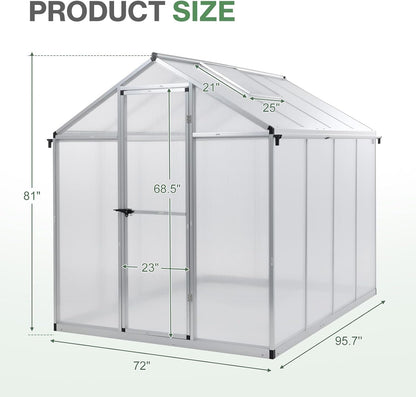 Aoodor 6 x 8 Ft Walk-in Greenhouse with Gutter, Polycarbonate and Heavy-Duty Aluminum Frame, Adjustment Skylight and Lockable 2-Sided Door for Patio, Outdoor, Yard, Lawn Use, Silver