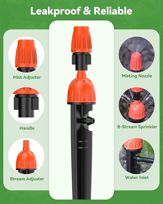 Pawfly 30 Pcs Drip Irrigation Emitters for 1/4" Tubing, 2-in-1 Irrigation Drippers with Misting Nozzles & 8-Stream Sprinklers, Drip Irrigation Parts with Stake & Adjustable 360 Degree Water Flow