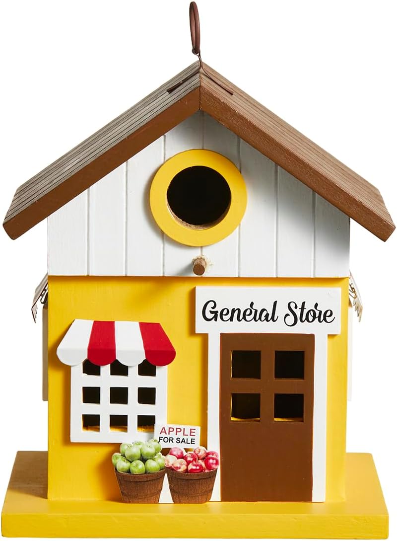 Glitzhome Birdhouses for Outdoors,Solid Wood Hanging Bird Houses for Outside, 9.5" H Modern General Store Decorative Pet Cottage Outdoor Garden Birdhouse for Outdoor Patio,Yellow