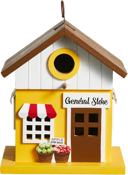 Glitzhome Birdhouses for Outdoors,Solid Wood Hanging Bird Houses for Outside, 9.5" H Modern General Store Decorative Pet Cottage Outdoor Garden Birdhouse for Outdoor Patio,Yellow