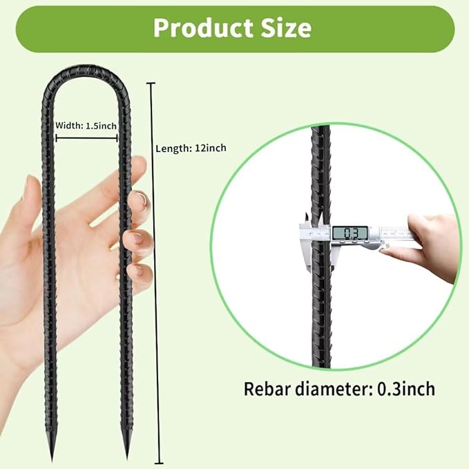 Rebar-Stakes-12-Inch, Ground Stakes Heavy Duty U-Hook Black Coated Anti-Rust Heavy Duty Ground Anchors for Garden Dog Fence Chicken Coop Christmas Decorations Deer Fence 4pcs