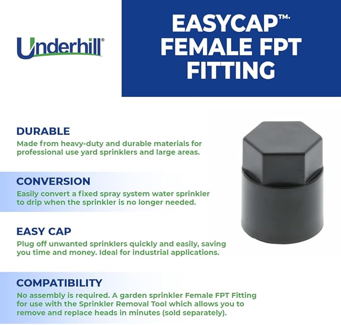 Underhill Plumbing Tools for Sprinkler System, EasyCap Female FPT Fitting for EasyOut Sprinkler Tool, Plug Off Unwanted Sprinklers, A-EO-05EC, 24 Pack