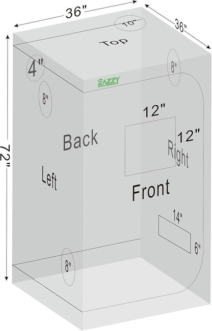 zazzy Grow Tent 3x3 FT, 36"x36"x72" Plant Tent Growing Tent High Reflective Mylar with Observation Window and Removable Floor Tray for Hydroponics Indoor Plant Growing