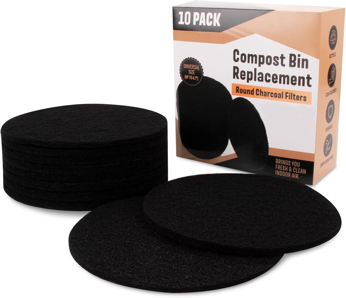 10 Pack Charcoal Filters for Kitchen Compost Bin, Compost Filters for Countertop Bin Pail Replacement, Activated Charcoal Home Bucket Refill Sets, Round 6.7 Inch