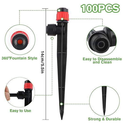 100PCS Drip Irrigation Emitters, Kalolary Adjustable 360 Degree Water Flow Drippers Emitters for 1/4" Drip Irrigation System Tubing, Garden Irrigation Drippers for House Garden Flower beds(Red)