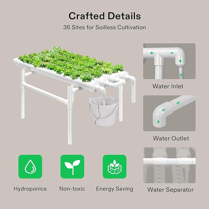 VIVOSUN Hydroponic Grow Kit, 1 Layer 36 Plant Sites 4 Food-Grade PVC-U Pipes Hydroponics Planting System with Water Pump, Pump Timer, Nest Basket and Sponge for Leafy Vegetables