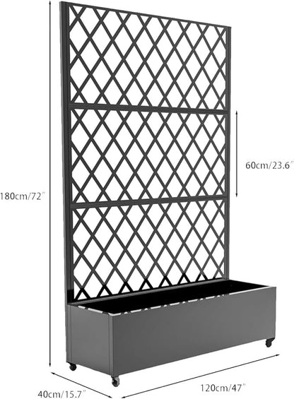 Metal Planter Box with Diamond Lattice Trellis - 72"x47" Galvanized Raised Garden Bed on Wheels for Climbing Plants and Vines, Black Finish