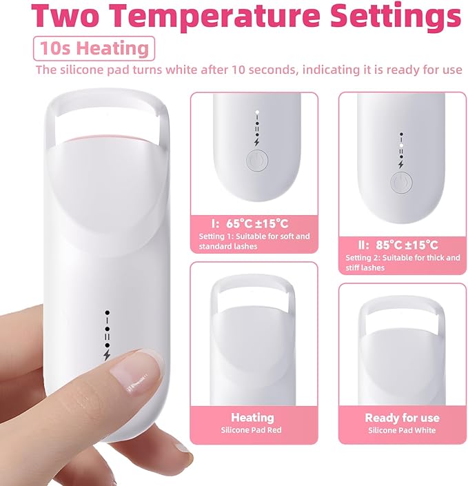 Heated Eyelash Curler,Portable Electric Heated Lash Curler Type-C Rechargeable Travel Eyelash Curlers with Heat Sensitive Silicone Pad,2-Level Adjustable Temp and Long-Lasting Natural Curves (White)