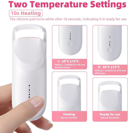 Heated Eyelash Curler,Portable Electric Heated Lash Curler Type-C Rechargeable Travel Eyelash Curlers with Heat Sensitive Silicone Pad,2-Level Adjustable Temp and Long-Lasting Natural Curves (White)
