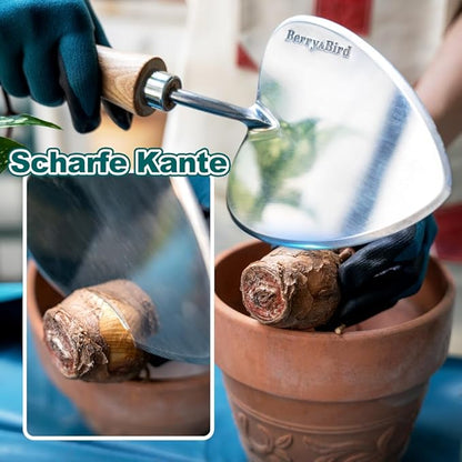 Berry&Bird Perennial Trowel, Oversized Garden Potting Trowels with Sharp Blade Wood Hand Shovel, Stainless Steel Planting TSpade Gardening Tool for Roots,Digging,Transplanting