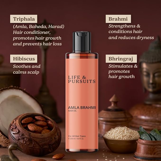 Life & Pursuits Amla Brahmi Oil for Healthy Hair & Scalp - 6.8 Oz Natural, Indian Ayurveda Blend with Coconut, Castor, Sesame, Triphala, Gotukola