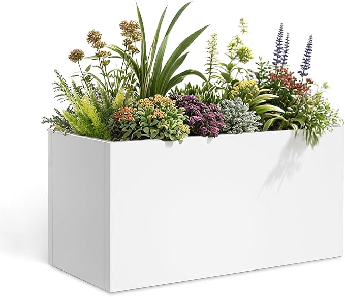 Galvanized Steel Garden Planter 36” x 12” x 16” White Metal Planter Box Modern Metallic Heavy Planter Indoor & Outdoor, Commercial & Residential (White, L36 x W12 x D16)