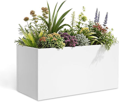 Galvanized Steel Garden Planter 36” x 12” x 16” White Metal Planter Box Modern Metallic Heavy Planter Indoor & Outdoor, Commercial & Residential (White, L36 x W12 x D16)