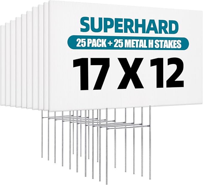 25 PACK Lawn Signs Corrugated Plastic 17x12 Inches Blank Yard Signs with Stakes for Yard Sale Sign Outdoor, Garage Sale, Open House, Estate Sale, Guidepost, Birthday Party