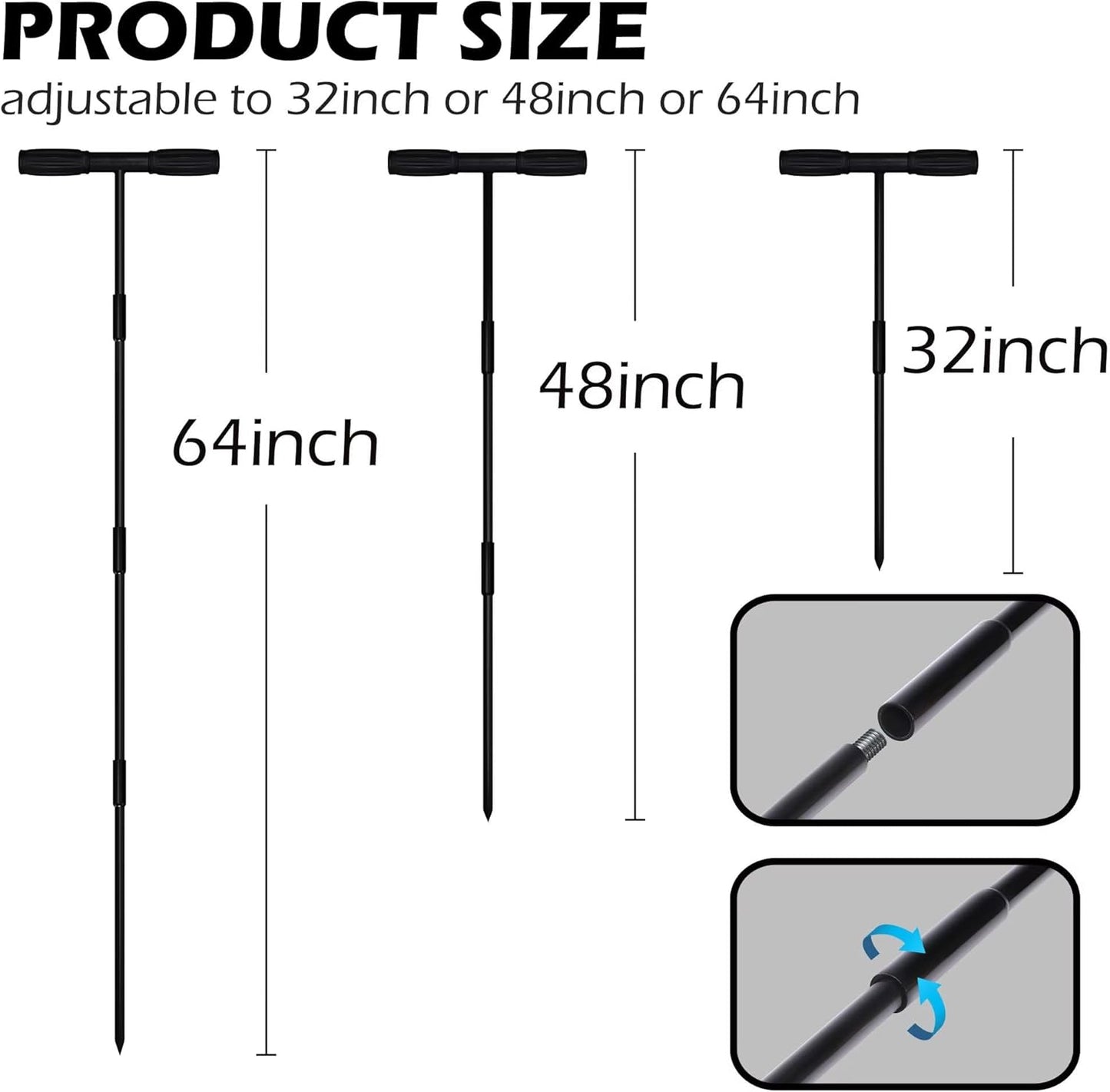 Sfcddtlg 64 Inch Metal Ground Soil Probe Rod - Adjustable Soil Sample Probe - T-Handle Septic Tank Locator for Tile Probing, Soil Compaction, Locating Underground Pipes, Landscaping, Gardening
