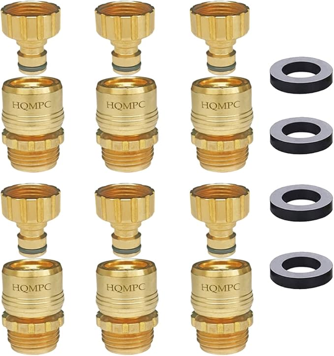 HQMPC Garden Hose Quick Connect No Pb Solid Brass Quick Connector Garden Hose Fitting Water Hose Connectors 3/4 inch GHT (6SETS)