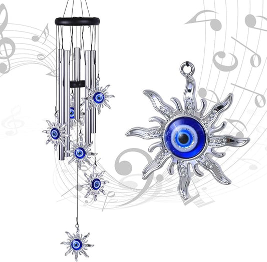 Blue Evil Eye Sun Wind Chimes Outdoor Decor, Mobile Sun Evil Eye Windcatcher, Evil Eye Sun Wind Bells, Sun Blue Evil Eye Amulet Wind Chimes for Home, Gift for Mom, Balcony, Patio, Garden Decoration