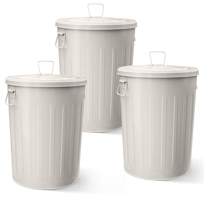Plexon Large Metal Trash Can with Lid 20 Gallon, Decorative Outdoor Trash Can, Heavy Duty Galvanized Metal Bucket with Lid for Kitchen Garage Farmhouse, Beige, 3 Pack