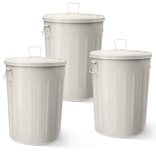 Plexon Large Metal Trash Can with Lid 20 Gallon, Decorative Outdoor Trash Can, Heavy Duty Galvanized Metal Bucket with Lid for Kitchen Garage Farmhouse, Beige, 3 Pack