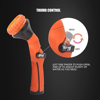 SPTA Hose Nozzle Heavy Duty, Metal Water Hose Sprayer for Garden, 8 Spray Patterns, High Pressure, Thumb Flow Control, On/Off Valve, Ideal for Outdoor Lawn & Plant Watering, Car & Pet Washing