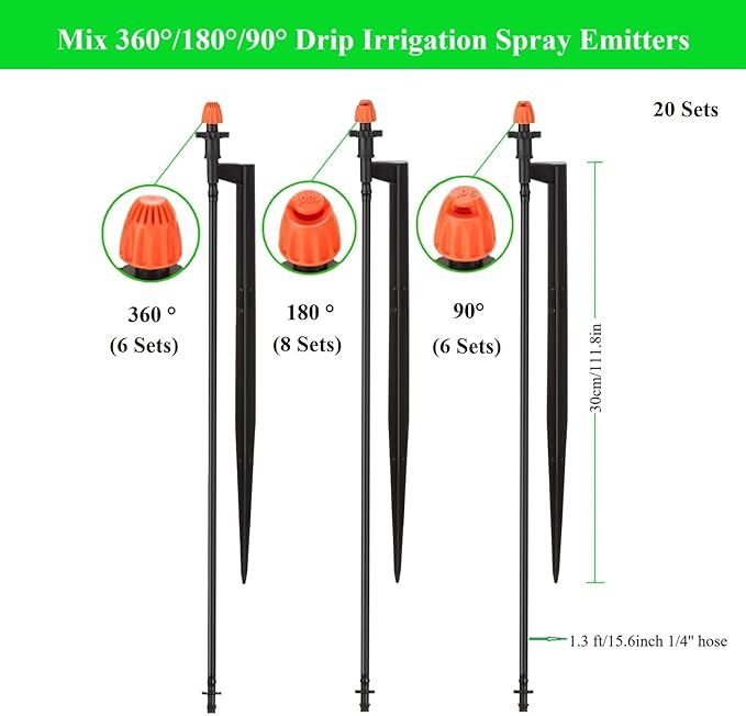 Micro Drip Irrigation Sprinkler Heads: 20 Sets Mixed 360/180/90 Degrees Drip Irrigation Emitters for 1/4 inch Hose Garden Irrigation System