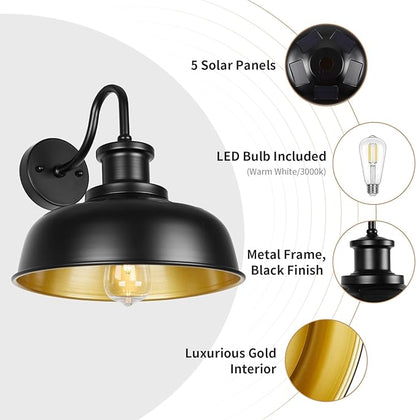 Solar Barn Light for Outside, Gooseneck Outdoor Wall Lights Solar Powered, Farmhouse Exterior Wall Sconce, Industrial Outside Lighting Fixture, Rustic Lantern for Garage, Barn, Shed,RZSR007-2 BK