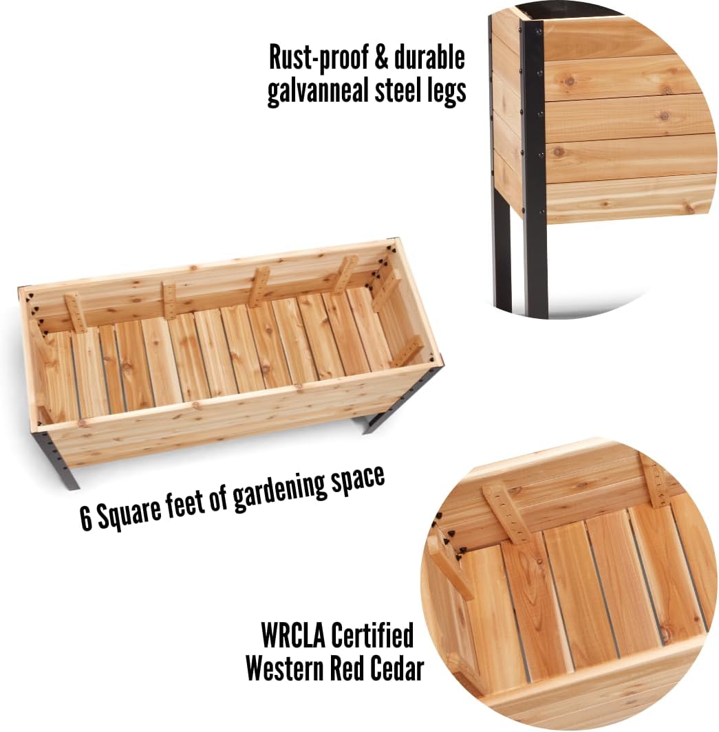 EARTH ELEVATED 100% Canadian Cedar Wood Elevated Garden Bed for Gardening - Planter Pot to Grow Herbs Flowers, and Vegetables at Home Indoor and Outdoor Patio Balcony Deck - 18” x 48” x 30”